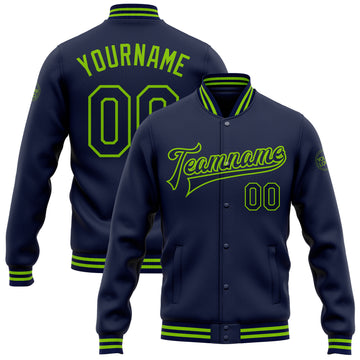 Custom Navy Neon Green Bomber Full-Snap Varsity Letterman Jacket