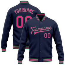 Загрузить изображение в средство просмотра галереи, Custom Navy Pink-Kelly Green Bomber Full-Snap Varsity Letterman Jacket
