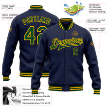 Загрузить изображение в средство просмотра галереи, Custom Navy Green-Gold Bomber Full-Snap Varsity Letterman Jacket
