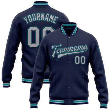 Custom Navy Gray-Teal Bomber Full-Snap Varsity Letterman Jacket