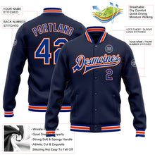 Laden Sie das Bild in den Galerie-Viewer, Custom Navy Royal-Orange Bomber Full-Snap Varsity Letterman Jacket
