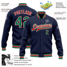 Laden Sie das Bild in den Galerie-Viewer, Custom Navy Kelly Green-Red Bomber Full-Snap Varsity Letterman Jacket
