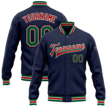 Laden Sie das Bild in den Galerie-Viewer, Custom Navy Kelly Green-Red Bomber Full-Snap Varsity Letterman Jacket
