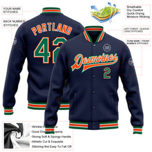 Laden Sie das Bild in den Galerie-Viewer, Custom Navy Kelly Green-Orange Bomber Full-Snap Varsity Letterman Jacket
