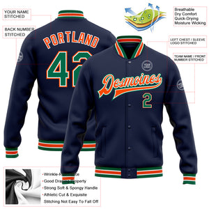 Custom Navy Kelly Green-Orange Bomber Full-Snap Varsity Letterman Jacket