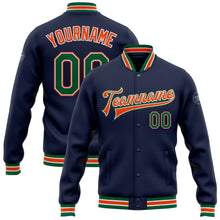 Laden Sie das Bild in den Galerie-Viewer, Custom Navy Kelly Green-Orange Bomber Full-Snap Varsity Letterman Jacket
