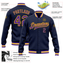 Laden Sie das Bild in den Galerie-Viewer, Custom Navy Purple-Gold Bomber Full-Snap Varsity Letterman Jacket
