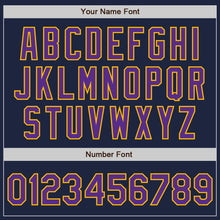 Load image into Gallery viewer, Custom Navy Purple-Gold Bomber Full-Snap Varsity Letterman Jacket
