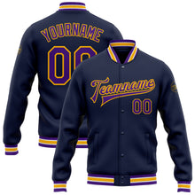 Laden Sie das Bild in den Galerie-Viewer, Custom Navy Purple-Gold Bomber Full-Snap Varsity Letterman Jacket
