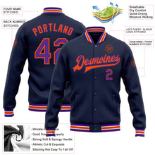 Laden Sie das Bild in den Galerie-Viewer, Custom Navy Purple-Orange Bomber Full-Snap Varsity Letterman Jacket
