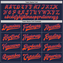 Load image into Gallery viewer, Custom Navy Purple-Orange Bomber Full-Snap Varsity Letterman Jacket
