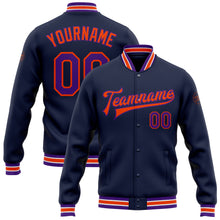 Laden Sie das Bild in den Galerie-Viewer, Custom Navy Purple-Orange Bomber Full-Snap Varsity Letterman Jacket
