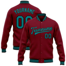 Load image into Gallery viewer, Custom Crimson Teal-Black Bomber Full-Snap Varsity Letterman Jacket
