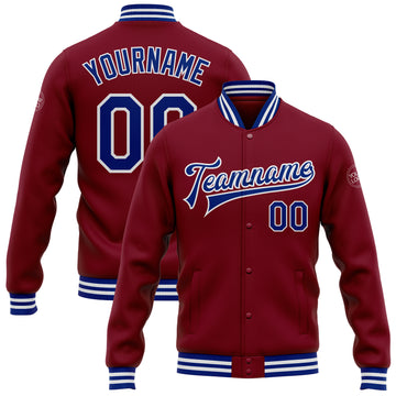 Custom Crimson Royal-White Bomber Full-Snap Varsity Letterman Jacket