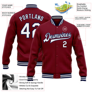 Custom Crimson White-Navy Bomber Full-Snap Varsity Letterman Jacket