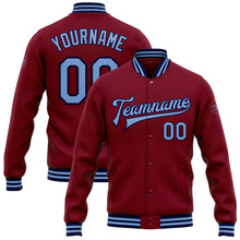 Load image into Gallery viewer, Custom Crimson Light Blue-Navy Bomber Full-Snap Varsity Letterman Jacket
