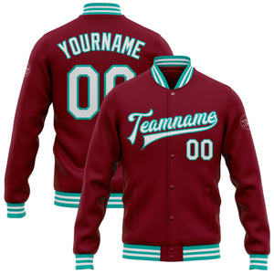 Custom Crimson White-Aqua Bomber Full-Snap Varsity Letterman Jacket