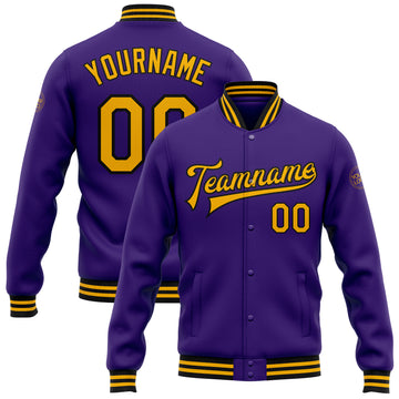 Custom Purple Gold=Black Bomber Full-Snap Varsity Letterman Jacket