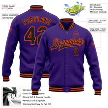 Laden Sie das Bild in den Galerie-Viewer, Custom Purple Black-Orange Bomber Full-Snap Varsity Letterman Jacket
