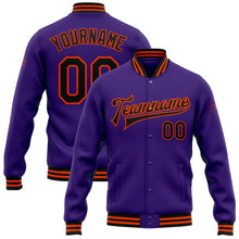 Laden Sie das Bild in den Galerie-Viewer, Custom Purple Black-Orange Bomber Full-Snap Varsity Letterman Jacket
