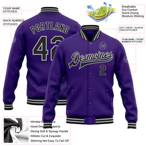 Custom Purple Black-Gray Bomber Full-Snap Varsity Letterman Jacket