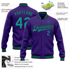 Laden Sie das Bild in den Galerie-Viewer, Custom Purple Teal-Black Bomber Full-Snap Varsity Letterman Jacket
