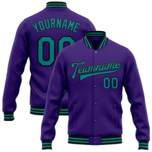 Laden Sie das Bild in den Galerie-Viewer, Custom Purple Teal-Black Bomber Full-Snap Varsity Letterman Jacket
