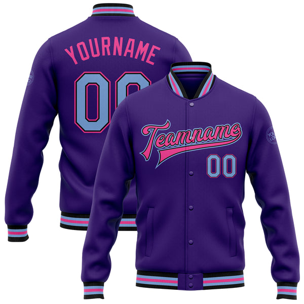 Cheap Custom Purple Light Blue Black-Pink Bomber Full-Snap Varsity