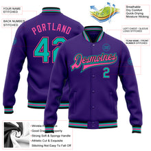Загрузить изображение в средство просмотра галереи, Custom Purple Aqua Black-Pink Bomber Full-Snap Varsity Letterman Jacket
