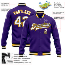 Load image into Gallery viewer, Custom Purple White Black-Gold Bomber Full-Snap Varsity Letterman Jacket
