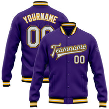 Load image into Gallery viewer, Custom Purple White Black-Gold Bomber Full-Snap Varsity Letterman Jacket
