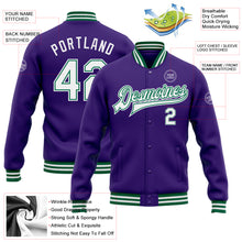 Load image into Gallery viewer, Custom Purple White-Kelly Green Bomber Full-Snap Varsity Letterman Jacket
