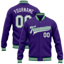 Load image into Gallery viewer, Custom Purple White-Kelly Green Bomber Full-Snap Varsity Letterman Jacket
