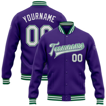 Custom Purple White-Kelly Green Bomber Full-Snap Varsity Letterman Jacket