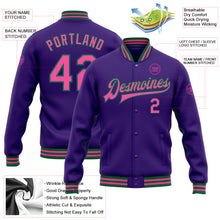 Charger l&#39;image dans la galerie, Custom Purple Pink-Kelly Green Bomber Full-Snap Varsity Letterman Jacket
