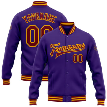 Custom Purple Crimson-Gold Bomber Full-Snap Varsity Letterman Jacket