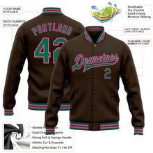 Load image into Gallery viewer, Custom Brown Kelly Green-Pink Bomber Full-Snap Varsity Letterman Jacket
