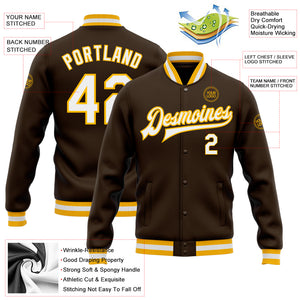 Custom Brown White-Gold Bomber Full-Snap Varsity Letterman Jacket