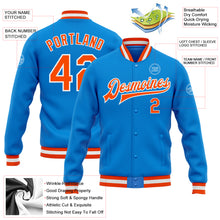 Load image into Gallery viewer, Custom Powder Blue Orange-White Bomber Full-Snap Varsity Letterman Jacket
