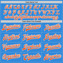 Load image into Gallery viewer, Custom Powder Blue Orange-White Bomber Full-Snap Varsity Letterman Jacket
