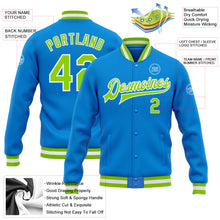 Load image into Gallery viewer, Custom Powder Blue Neon Green-White Bomber Full-Snap Varsity Letterman Jacket
