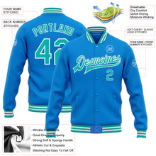 Laden Sie das Bild in den Galerie-Viewer, Custom Powder Blue Aqua-White Bomber Full-Snap Varsity Letterman Jacket
