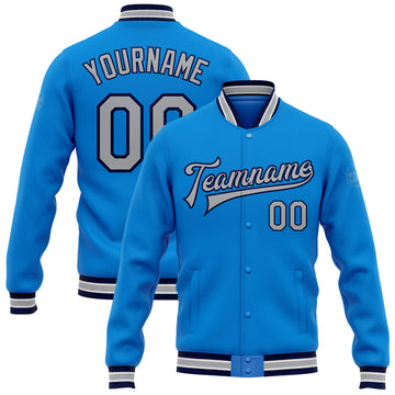 Custom Electric Blue Gray-Navy Bomber Full-Snap Varsity Letterman Jacket