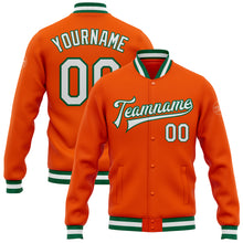 Laden Sie das Bild in den Galerie-Viewer, Custom Orange White-Kelly Green Bomber Full-Snap Varsity Letterman Jacket
