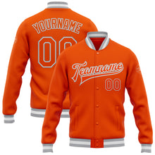 Laden Sie das Bild in den Galerie-Viewer, Custom Orange White-Gray Bomber Full-Snap Varsity Letterman Jacket
