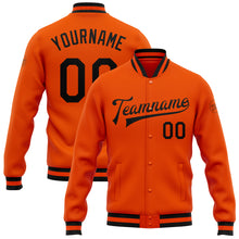 Laden Sie das Bild in den Galerie-Viewer, Custom Orange Black Bomber Full-Snap Varsity Letterman Jacket
