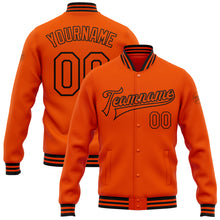 Load image into Gallery viewer, Custom Orange Black Bomber Full-Snap Varsity Letterman Jacket
