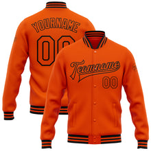 Laden Sie das Bild in den Galerie-Viewer, Custom Orange Black Bomber Full-Snap Varsity Letterman Jacket
