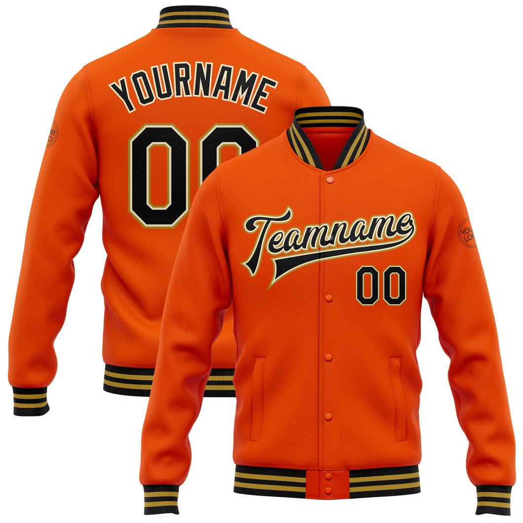 Custom Orange Black Cream-Old Gold Bomber Full-Snap Varsity Letterman Jacket