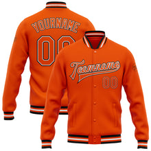 Laden Sie das Bild in den Galerie-Viewer, Custom Orange White-Black Bomber Full-Snap Varsity Letterman Jacket

